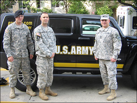 From left:  Sargeant  Daniel L. Conklin, First Lieutenant Daniel Dresch and IASC member Lieutenant Colonel Michael G. Floru arrive at the Party in a Military Hummer